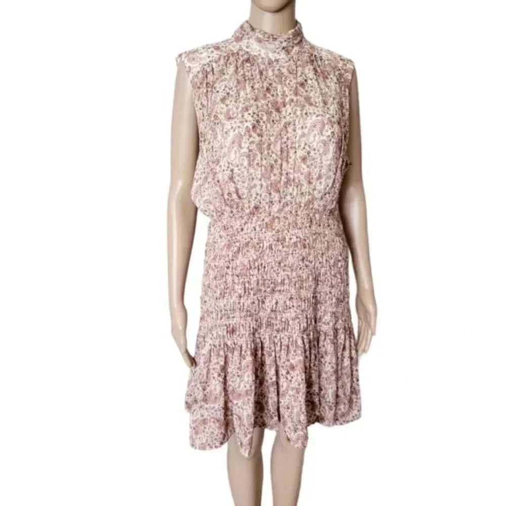 House of Harlow SHONA JOY Colette MockNeck Smocked Paisley Metallic Mini Dress L - Picture 3 of 10